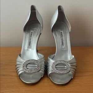 Manolo Blahnik Silver Heels with Crystal Embellishment